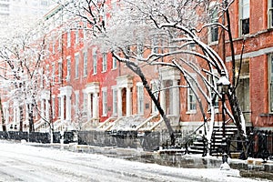 Snow covered winter street scene in New York City