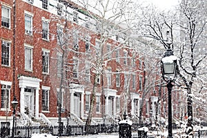 Snow covered winter street scene in Manhattan New York City NYC