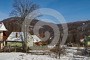 Snow-covered winter village in the Carpathian mountains