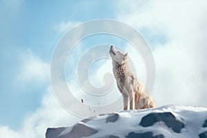 snow-covered wolf howling on ridge with cloudy sky