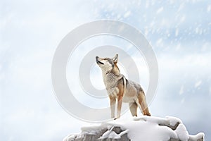 snow-covered wolf howling on ridge with cloudy sky