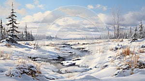 Hyper-realistic Snow Covered Landscape Painting In Quebec Province photo