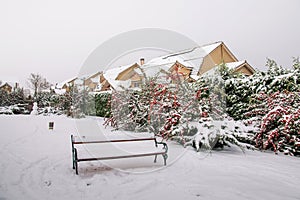 Snow covered yard in a beautiful neigborhood in Bucharest.Christmas landscape photo