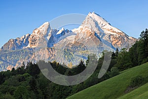 Snow-crowned Watzmann mount in famous Bavarian national park Berchtesgaden