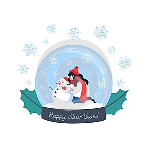 Snow crystal ball. Woman sculpts a snowman, vector illustration in flat style