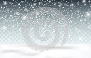 Snow on a dark background. Snow is coming, small snowflakes in the air. Snow cover of the earth