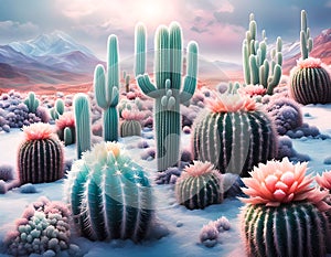 Snow in the desert with cacti