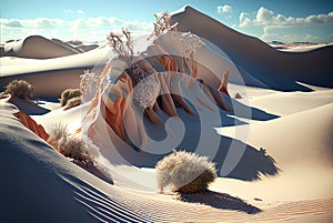 Snow in Desert, White Sand Dunes in Winter, Global Cooling, Climate Change, Ice Age, Generative AI Illustration