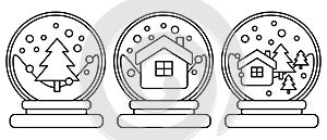 Snow dome line icon set. Snow globe icons with fir tree and house. Decoration for Christmas and New Year holiday