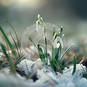 Snow Drop flower emerges from the snow. Landscape in spring