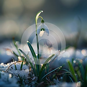 Snow Drop flower emerges from the snow. Landscape in spring