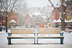 snow-dusted village benches, flurries above