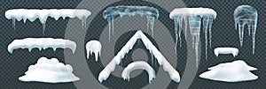 Snow elements. Snow capes piles icicles snowdrift mound bursting Snowball and snowdrifts, icicles and snow caps