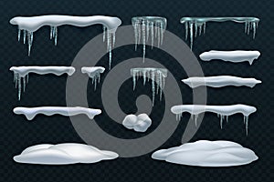 Snow elements. Snowball and snowdrift, icicles and snowcap borders. Isolated winter vector set