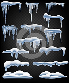 Snow elements. Snowball and snowdrift, icicles and snowcap borders. Isolated winter vector set.