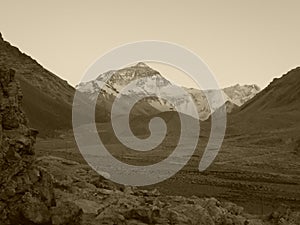 Snow Everest and Himalayas view sunset sepia