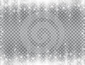 Snow falling frame. Bright magic Christmas design on transparent background. Glitter snowflakes, sparkling snowfall and