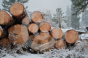 Snow Falling in Front of Large Stack of Logs