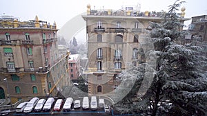 Snow falling in Genoa in Italy in December.