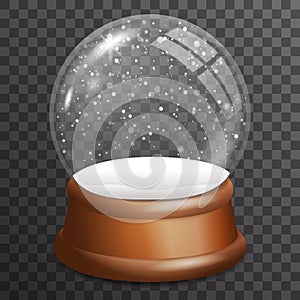 Snow falling glass ball highlight wooden stand 3d realistic transparent background template vector illustration