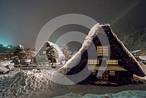 Snow falling on light Up Festival in winter at shirakawago Gifu Chubu Japan