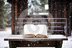 snow falling on an open songbook on a rustic wooden bench