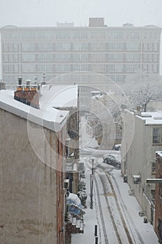 Snow falling on Philadelphia Rooftops