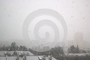 Snow is falling quickly outside the window