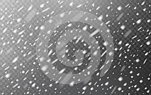 Snow falling on transparent backdrop. Christmas defocused snowflakes. Winter blizzard texture. Realistic snowstorm with photo