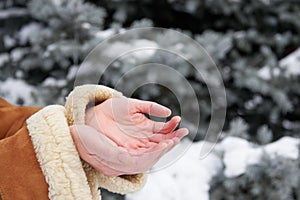 Snow falls on women's hands, winter season