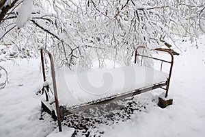 Snow fell in the garden. The old bed under a tree in the garden. Winter has come