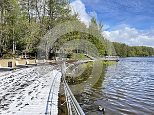 Snow that fell in May on the embankment of the Pekhorka River. Moscow region, Balashikha city