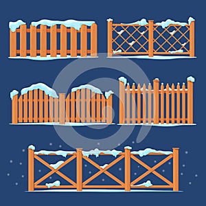 Snow fence. Winter wooden fences covered frozen snowdrift, snowy board wood countryside enclosures, icicles and ice