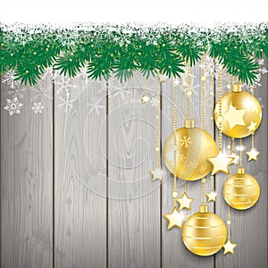 Snow Fir Twigs Wood Laths Golden Baubles