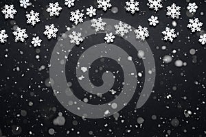 Snow flake texture and falling snow on black background photo