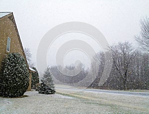 Snow flurries covering home,yard,road and bare trees
