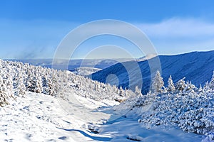 Snow at the foot of the mountain, a sunny frosty day