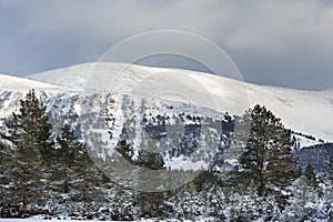Snow on Geal Charn in the Cairngorms National Park of Scotland