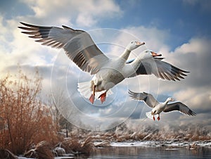 Snow geese and goslings in flight  Made With Generative AI illustration