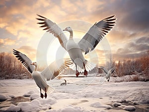 Snow geese and goslings in flight  Made With Generative AI illustration