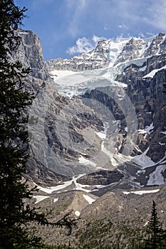 Snow on glacier shaped like giant face at Lake Moraine, Banff National Park, Canadian Rockies, Alberta, Canada