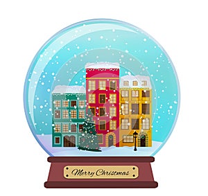 Snow glass globe with little town in winter for Christmas and New Year gift.Vector Illustration