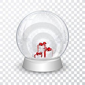 Snow globe ball with gift boxes realistic new year chrismas object isolated on transperent background with shadow, vector illustra