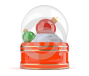 Snow globe with christmas balls on bright blue background