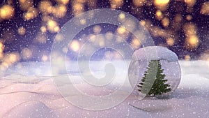 The Snow Globe with Christmas tree inside it. 3d render animation of falling snow