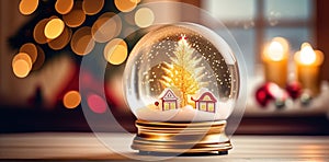 Snow globe with christmas tree and lights on background. 3d rendering