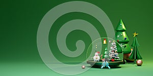 Snow globe and Christmas tree with snowman in green composition for website or poster or Happiness cards,Christmas banner and