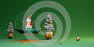 Snow globe and Christmas tree with snowman in green composition for website or poster or Happiness cards,Christmas banner and