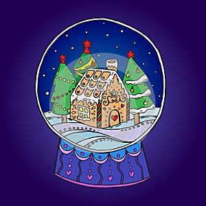 Snow globe with christmas trees and gingerbread house inside