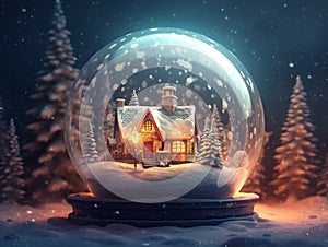 A snow globe with a cosy little house inside, surrounded by snow and a snowy forest